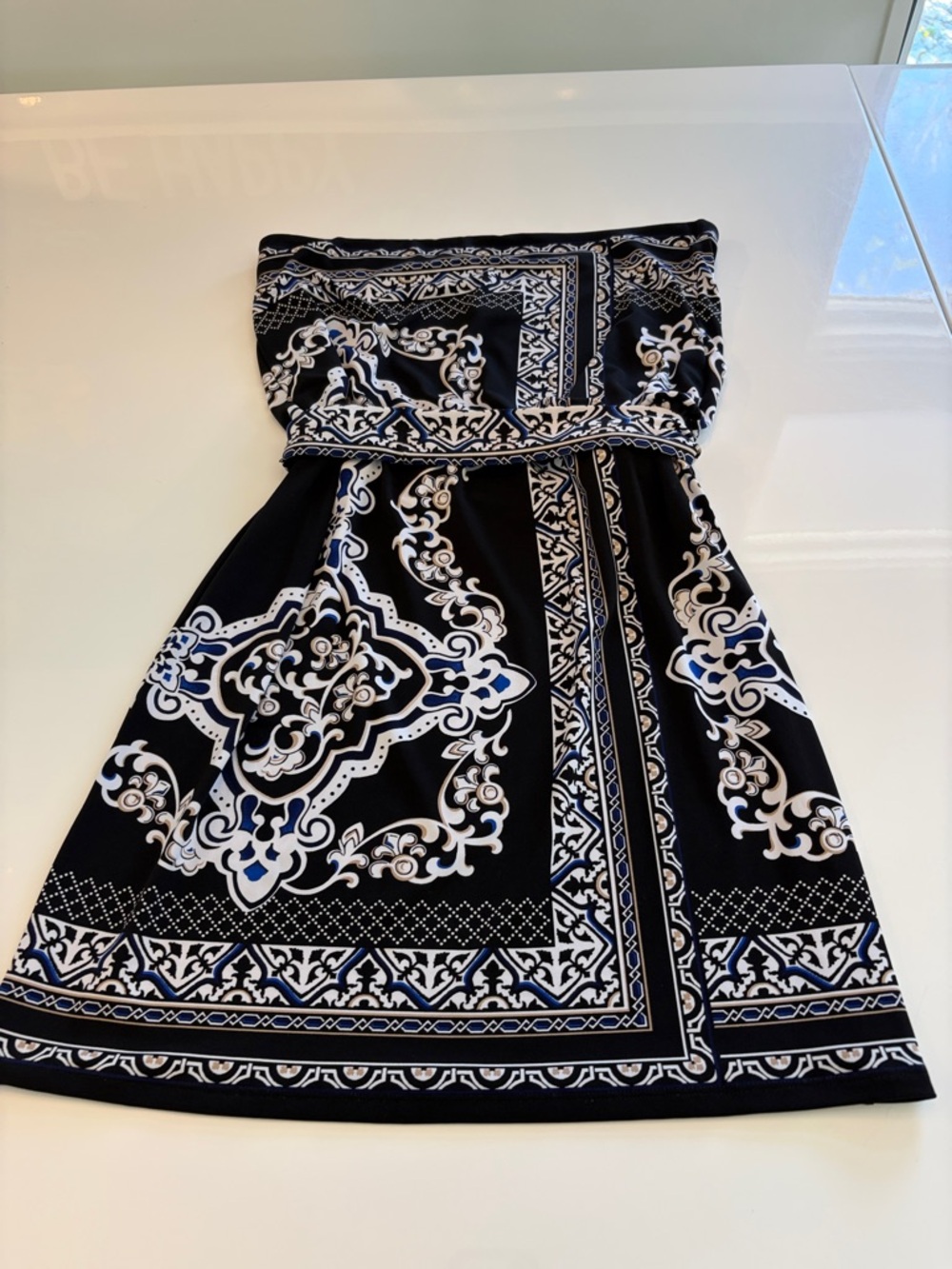 White House Black Market Strapless Black, White & Blue Printed Tie-Waist Dress - Picture 3 of 10